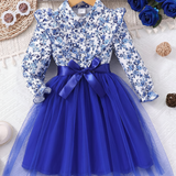 Floral Print Mesh Dress With Woven Belt Long Sleeve( Navy Blue)