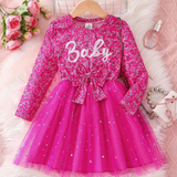 GIRLS SPARKLY BARBIE PINK LONG SLEEVES FROCK
