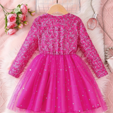 GIRLS SPARKLY BARBIE PINK LONG SLEEVES FROCK