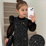 BLACK GLITTER SILVER HIGH NECK FITTED DRESS