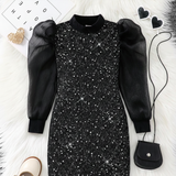 BLACK GLITTER SILVER HIGH NECK FITTED DRESS