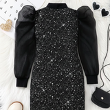 BLACK GLITTER SILVER HIGH NECK FITTED DRESS