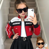 BLACK RED ZIP UP BOMBER JACKET WITH BLACK SKIRT LIGHT WEIGHT AUTUMN DRESS