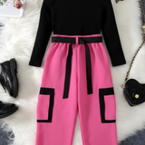 Kids Two Pcs Set Letter Print Top Black Pink Bottom