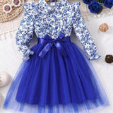 Floral Print Mesh Dress With Woven Belt Long Sleeve( Navy Blue)