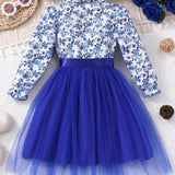 Floral Print Mesh Dress With Woven Belt Long Sleeve( Navy Blue)