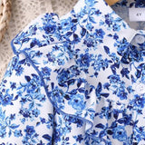 Floral Print Mesh Dress With Woven Belt Long Sleeve( Navy Blue)