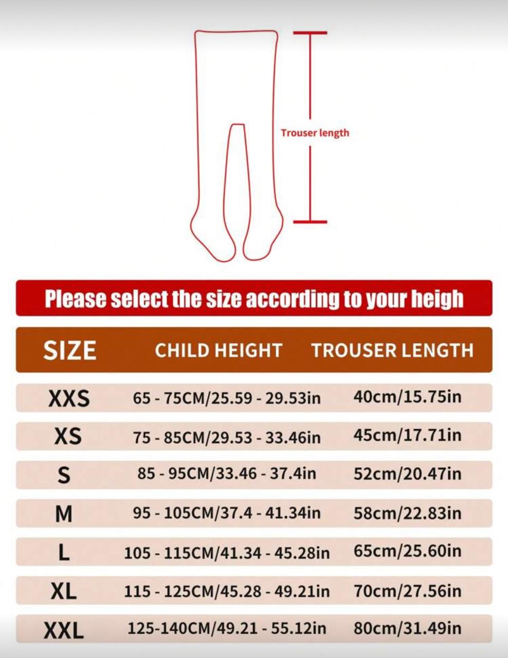 Size chart for children's trousers with height and length measurements.